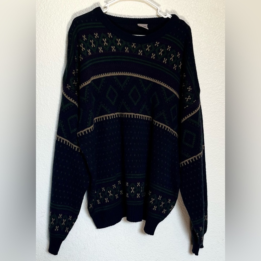 Vintage Windridge Mervyns Sweater Blue Green Mosaic Pattern Men’s Size XXLT